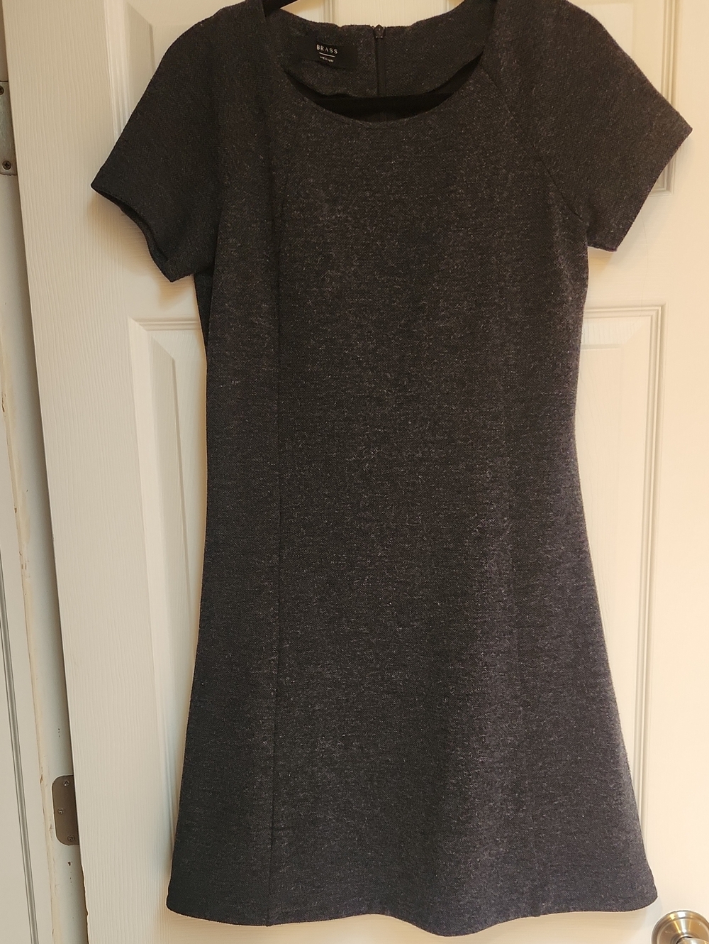 Wool-Blend Short Sleeve A-Line Midi Dress in Charcoal Gray